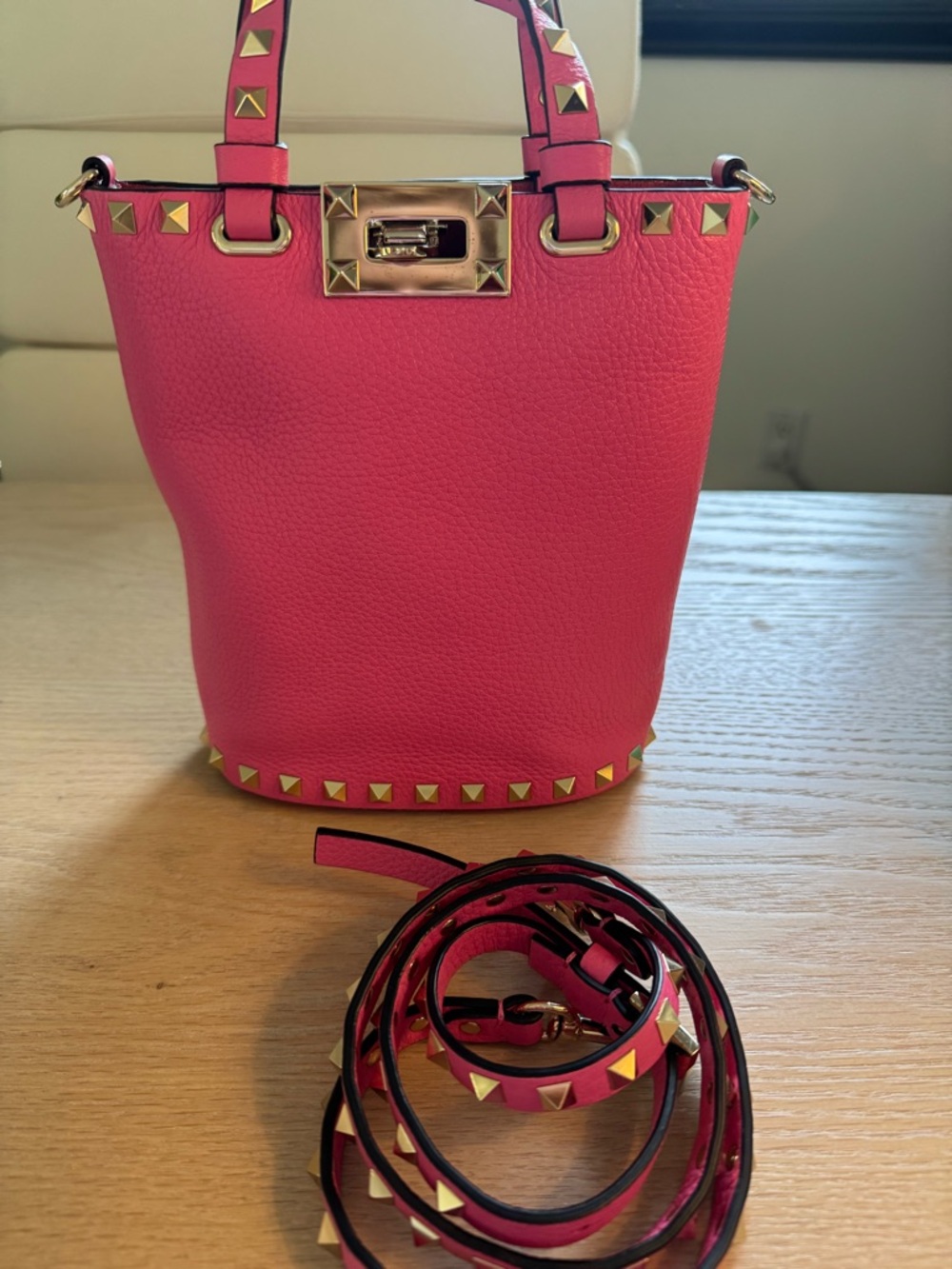Valentino Hot Pink Studded Leather Crossbody Bucket Bag
